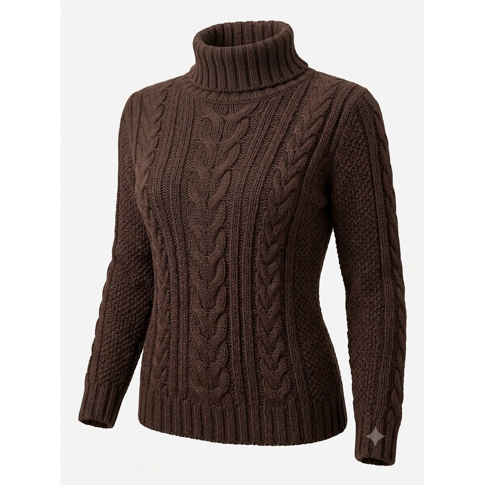Eddie Bauer Womens Brown Cable Knit Turtleneck Dark Academia Sweater Cotton M